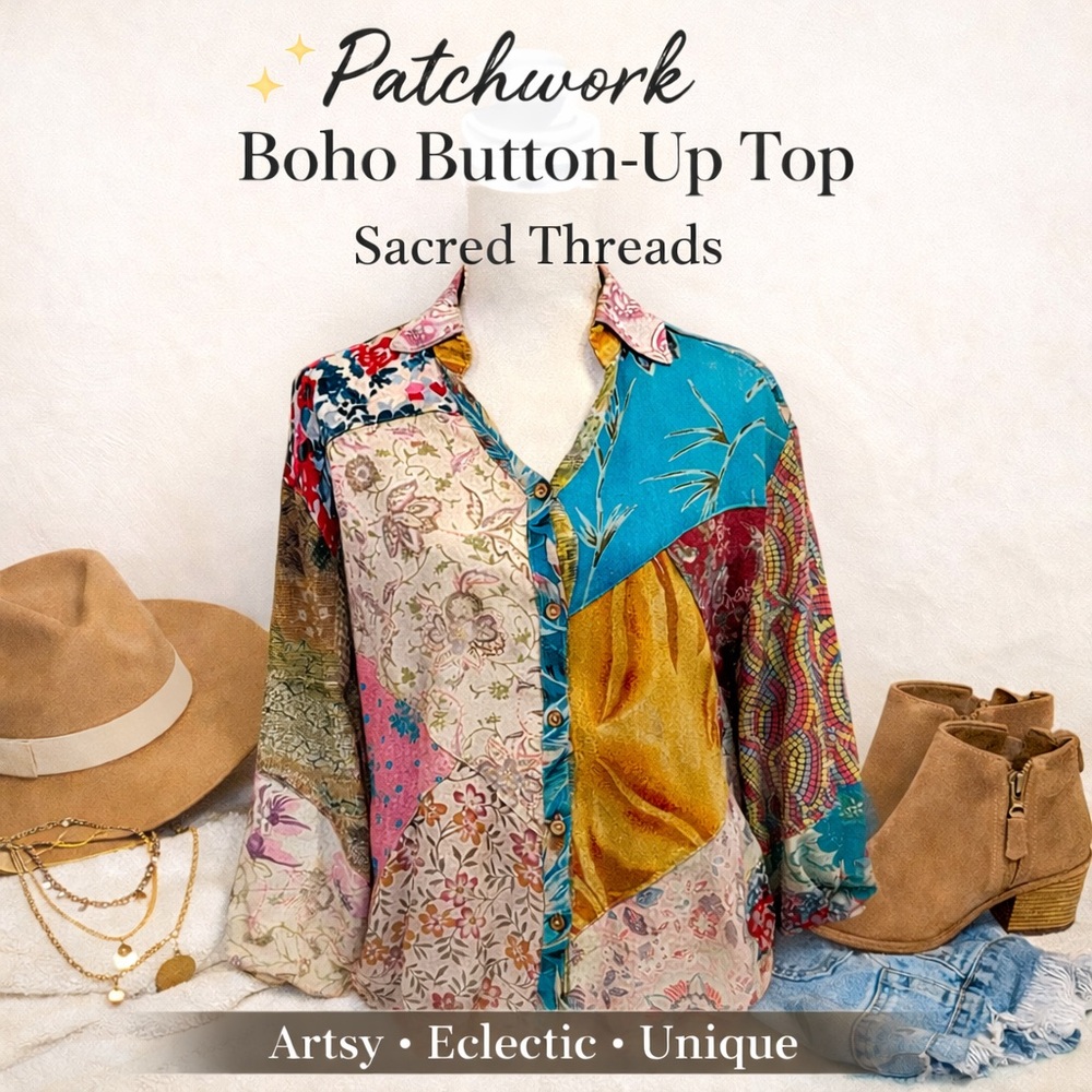Sacred Threads Patchwork Boho Button Up Blouse Ar… - image 1
